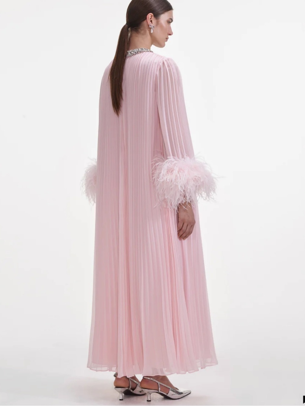 New! Self-Portrait Pale Pink Pleated Chiffon Midi Dress Feather Cuffs sz 10 - Picture 2 of 4